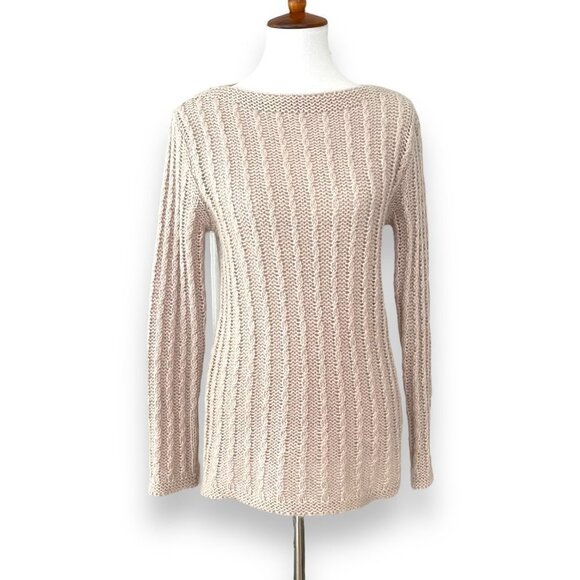 🍀Berretti Beige Metallic Gold Weave Boat Neck Cable-Knit Pullover Sweater Size M - Picture 1 of 8